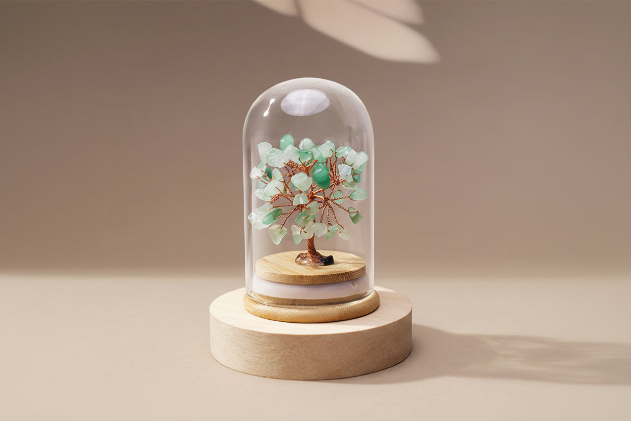 Arbre de Vie en Aventurine Verte sous Grande Cloche - Base en Bois