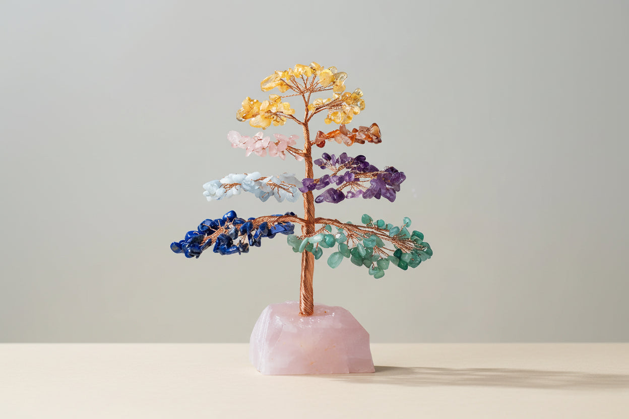 Arbre de Vie 7 Chakras – Socle en Quartz Rose Naturel