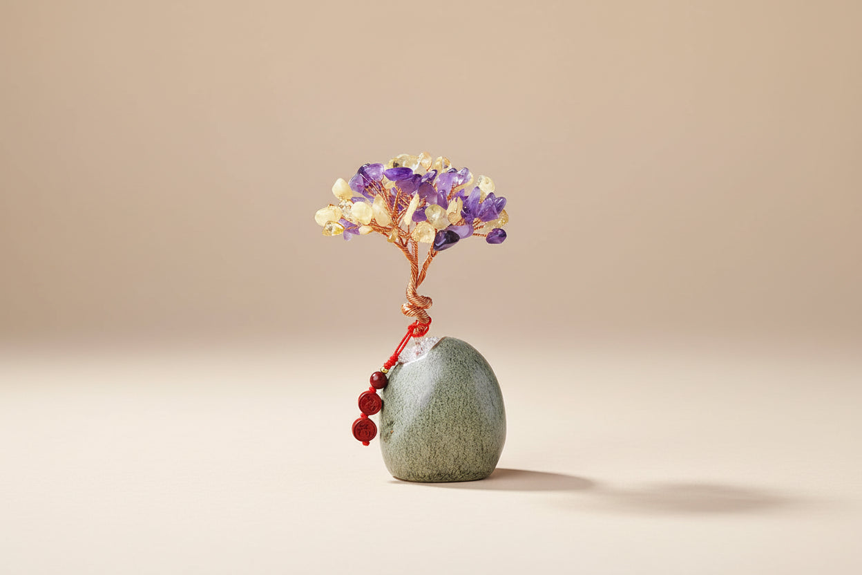 Arbre de Vie en Citrine & Améthyste – Base en Céramique & Pendentif en Cinabre