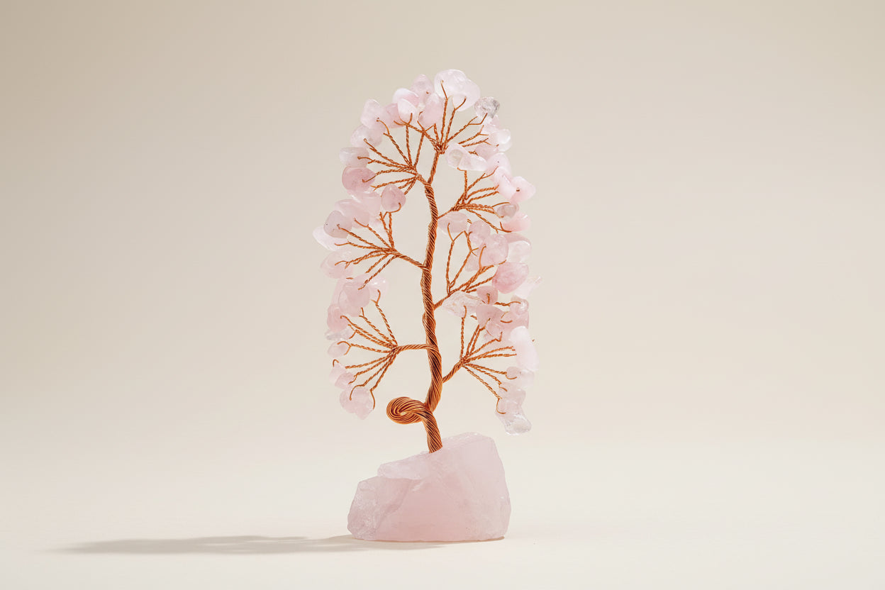 Arbre de Vie en Quartz Rose – Base en Pierre Brute