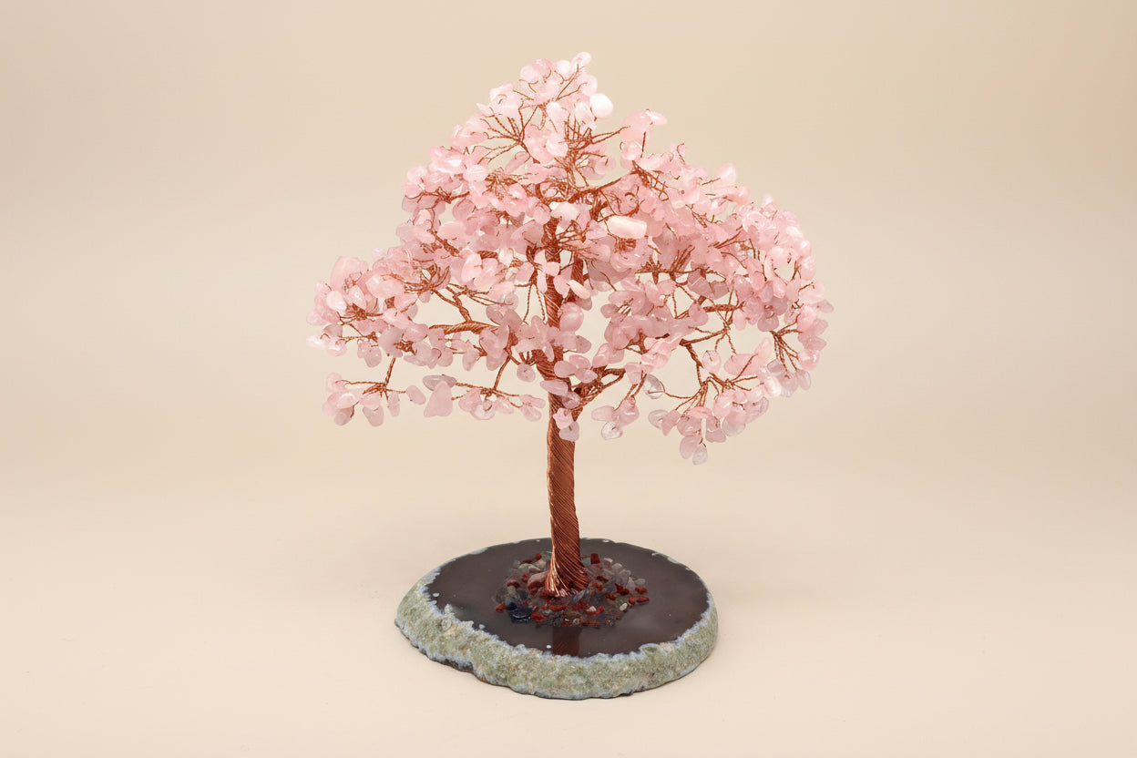 Arbre de Vie en Quartz Rose – Base en Agate Naturelle