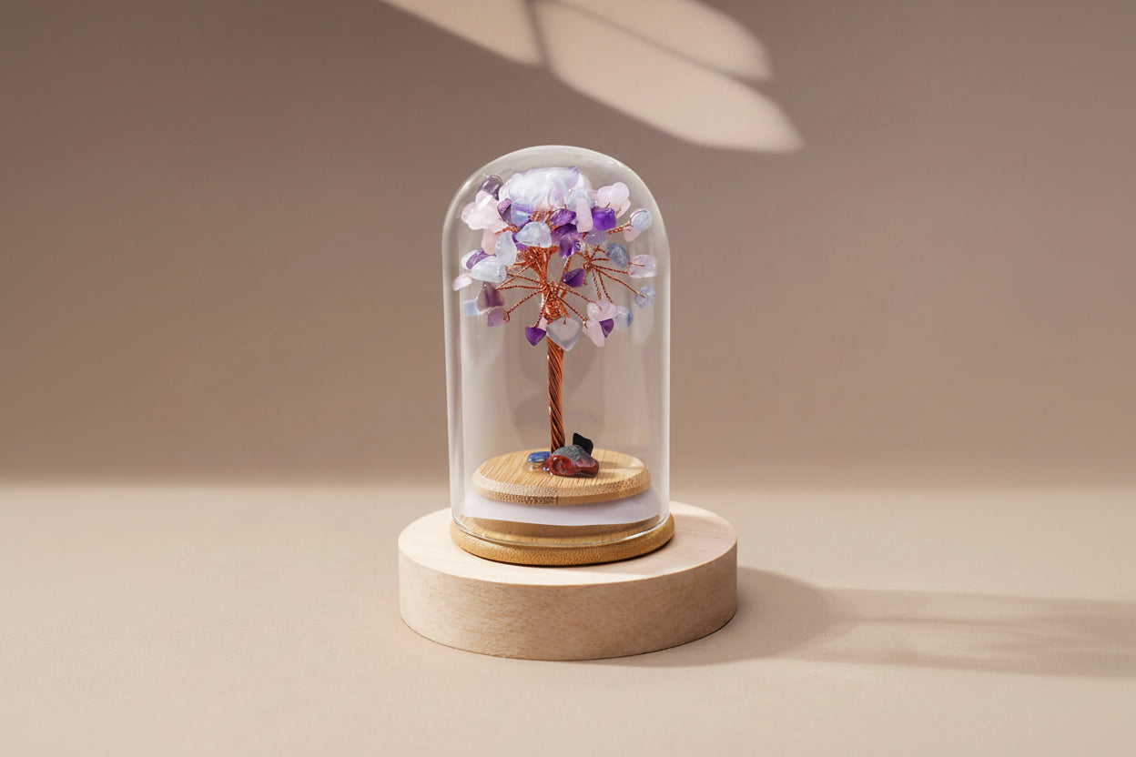Arbre de Vie en Améthyste, Quartz Rose & Aigue-Marine sous Grande Cloche – Base en Bois