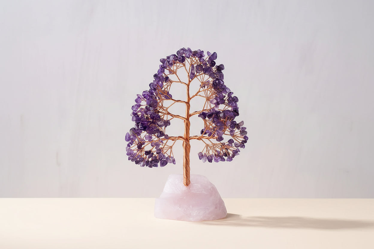 Arbre de Vie en Améthyste – Socle en Quartz Rose Naturel