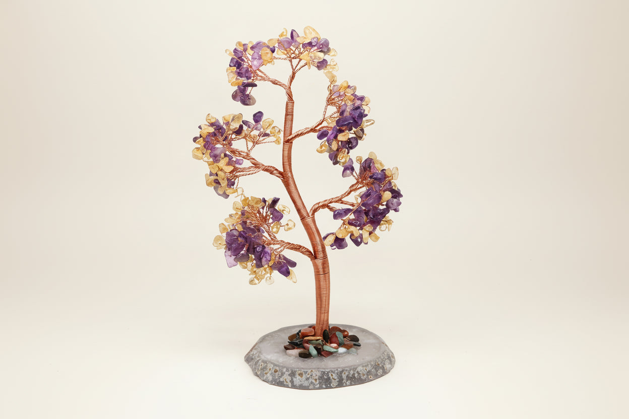 Arbre de Vie en Améthyste & Citrine – Base en Agate Naturelle