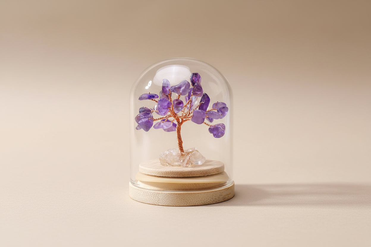 Arbre de Vie en Améthyste sous Cloche – Base en Bois