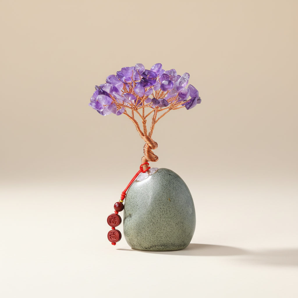 Arbre de Vie en Améthyste - Base en Céramique & Pendentif en Cinabre