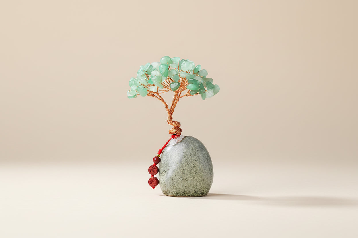 Arbre de Vie en Aventurine Verte – Base en Céramique & Pendentif en Cinabre