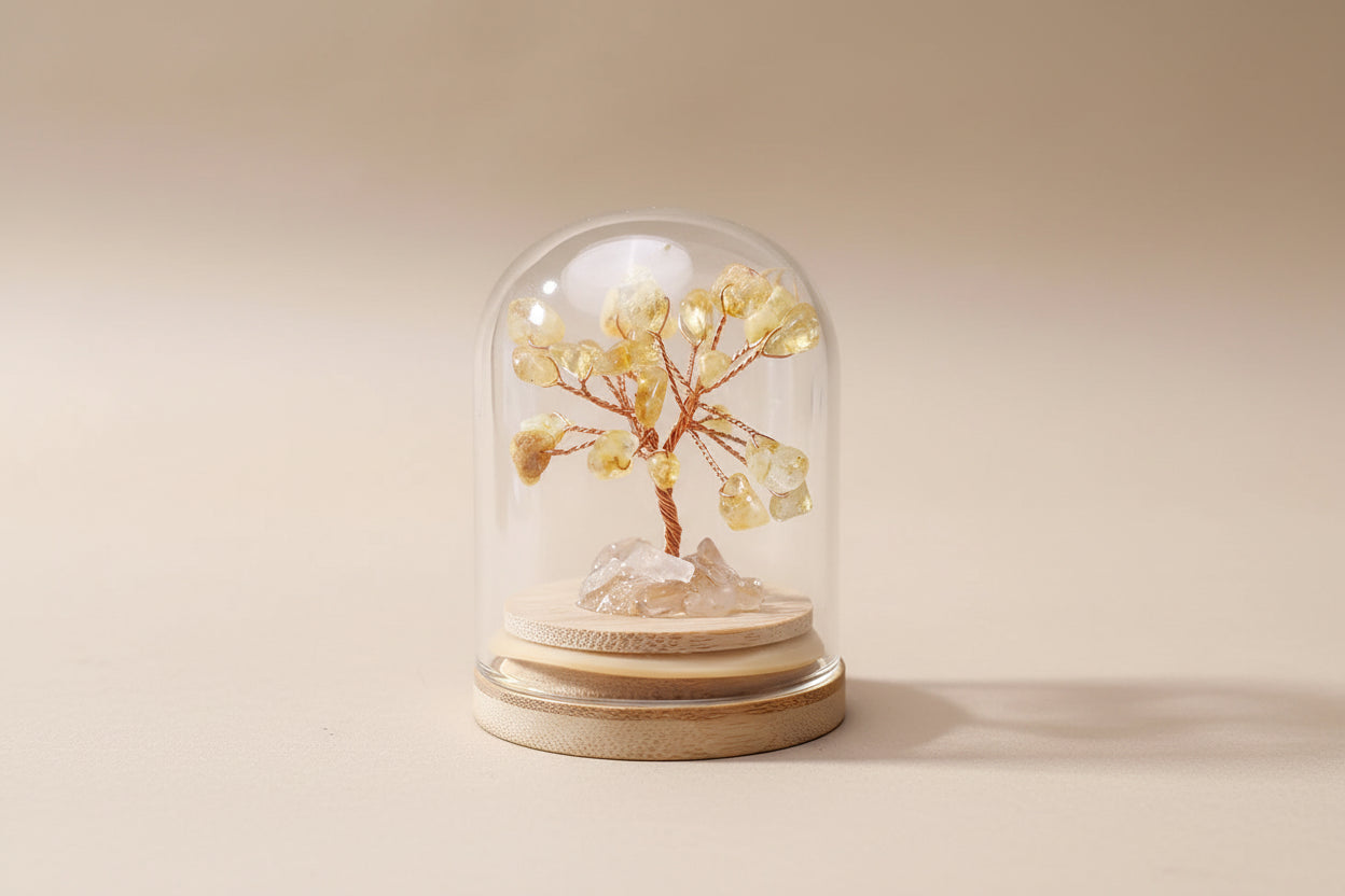 Arbre de Vie en Citrine sous Cloche – Base en Bois