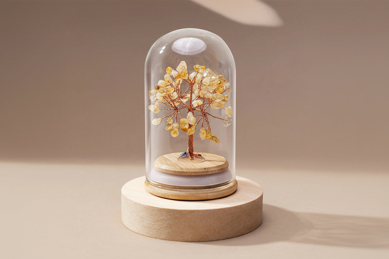 Arbre de Vie en Citrine sous Grande Cloche – Base en Bois