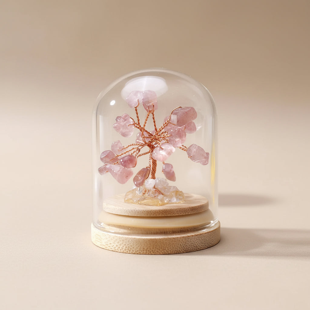 Arbre de Vie en Quartz Fraise sous Cloche – Base en Bois