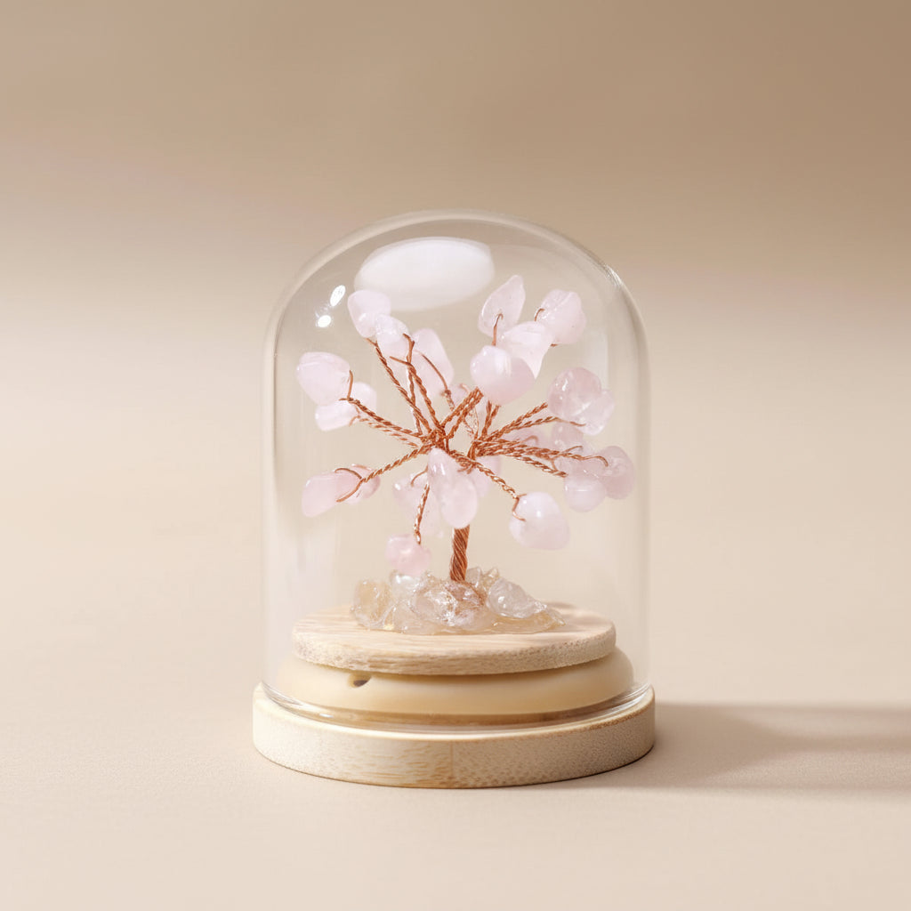 Arbre de Vie en Quartz Rose sous Cloche – Base en Bois