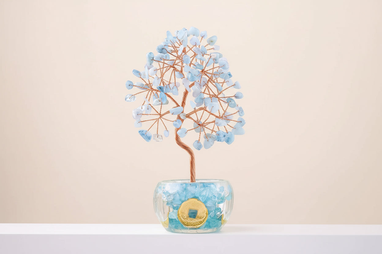 Arbre de Vie en Aigue-Marine –  Pot en Cristal Naturel