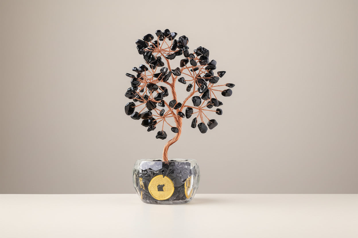 Arbre de Vie en Obsidienne Noire - Pot en Cristal Naturel
