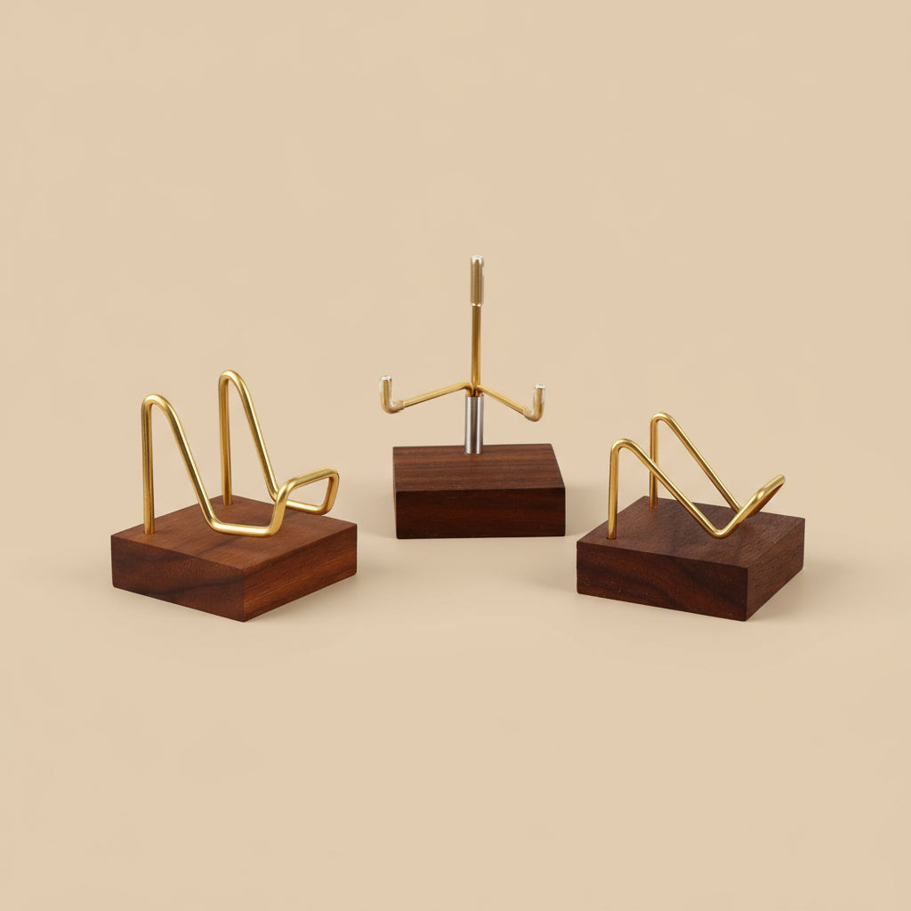 Présentoir en Bois et Métal Doré – Support pour Pierres Naturelles & Minéraux
