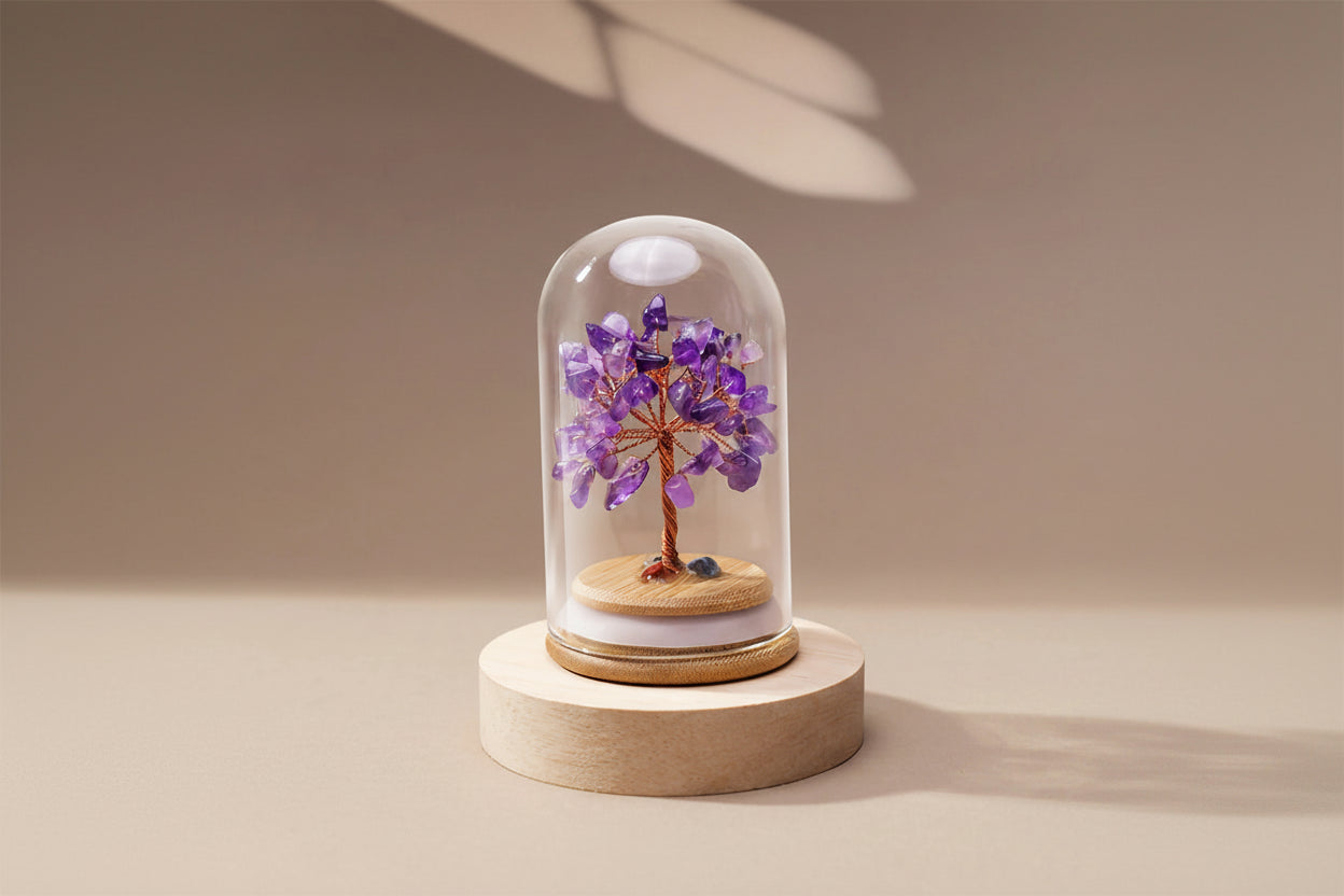 Arbre de Vie en Améthyste sous Grande Cloche – Base en Bois