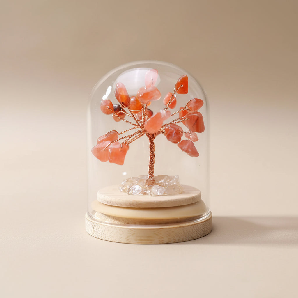Arbre de Vie en Cornaline sous Cloche – Base en Bois